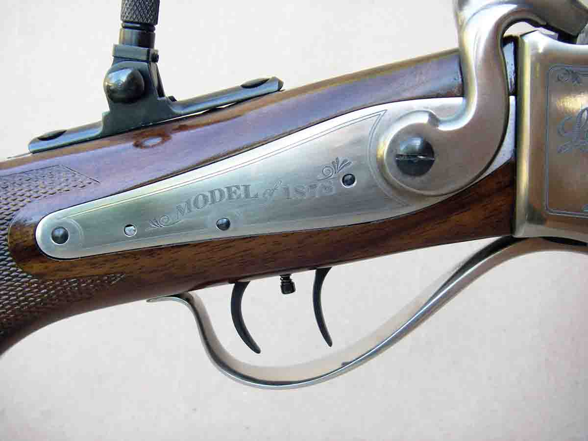The 1878 Sharps features an English-pattern lock that is similar to the Sharps Model 1877, which is trim and lightweight.